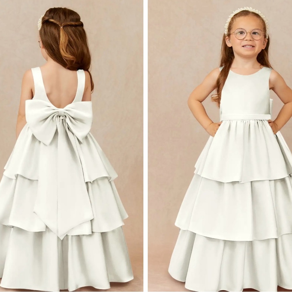 Azazie Margie Ivory A-Line Bow Stretch Satin Dress - SZ. 6